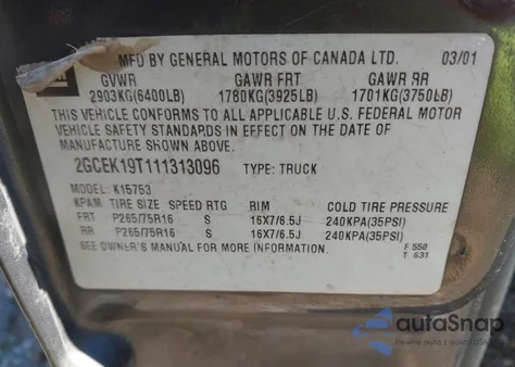 2001 Chevrolet Silverado 1500 Ls from USA, damaged, VIN 2GCEK19T111313096